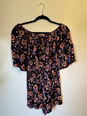 Pink Rose - Black off the shoulder Romper with Pink and Yellow Floral Accents